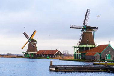 Zaanse Schans köyündeki kırsal Hollanda manzarası