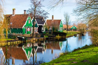 Zaanse Schans köyündeki kırsal Hollanda manzarası