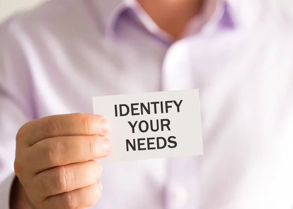 Affärsman som håller ett kort med text identifiera dina behov — Stockfoto