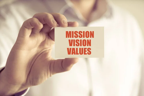 Businessman holding MISSION, VISION, VALUES message card