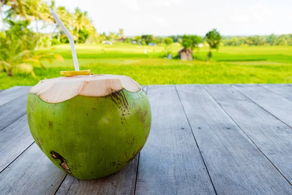 Green young coconut with straw on table, rice fields and coconut trees in backgroud. Copy space available