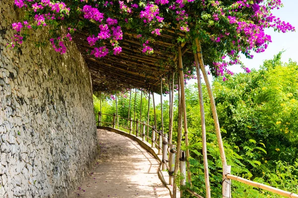 Sendero cubierto de flores tropicales y estructura de techo de bambú —  Fotos de Stock