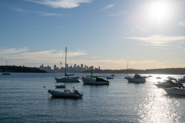 Cbd silueti, Watsons Körfezi 'nden gelen tekneler, Avustralya' nın en eski balıkçı köyü ve muhteşem manzarası, harika parkı ve taze deniz ürünleri ile popüler gelişmekte olan yerel bir körfez manzarası.