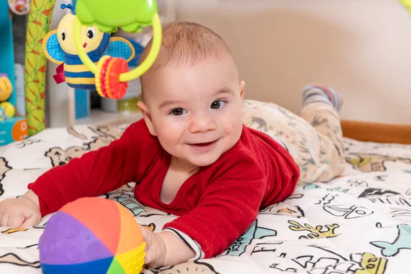 Cute Little Baby Boy Tummy Time Looking Camera Months Old Stock Photo