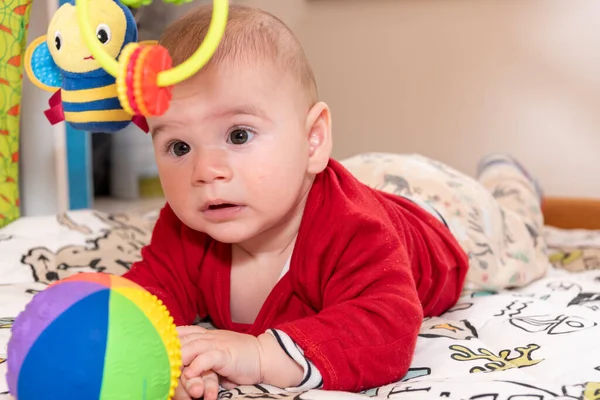 Cute Little Baby Boy Tummy Time Looking Camera Months Old Royalty Free Stock Images