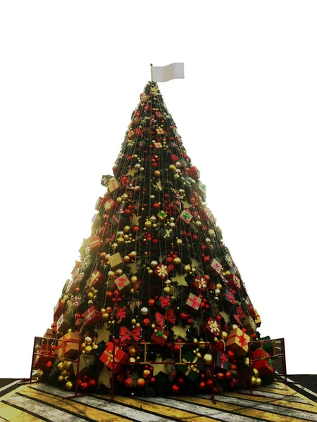 Рождественская Елка Игрушками Флагом Логотипа Сверху Елка Улице Белом Изолированном — стоковое фото