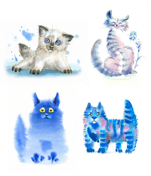 Gatos aquarela azul — Fotografia de Stock