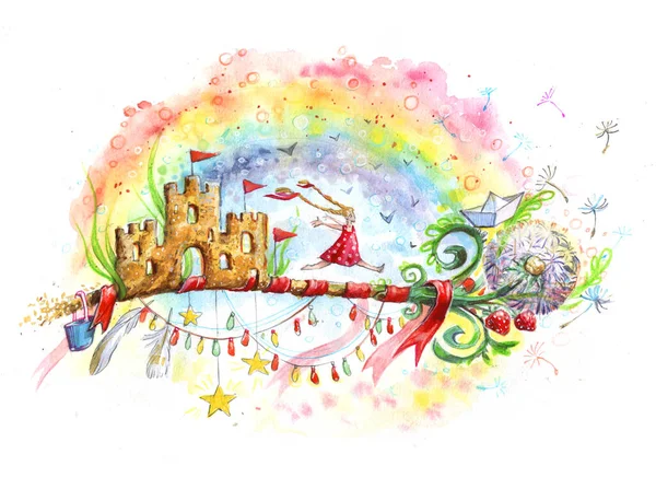 Aquarell-Illustration. Schlüssel zur Kindheit. Ein magischer Schlüssel, Regenbogen, Sandburgen, Fahnen und ein kleines glückliches Mädchen. — Stockfoto