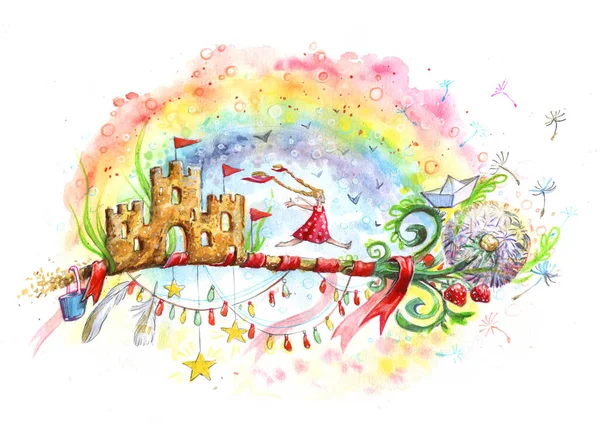 Illustration aquarelle. clé de l'enfance. Une clé magique, arc-en-ciel, châteaux de sable, drapeaux et une petite fille heureuse . — Photo