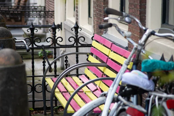 Banco de cor amarela e rosa na rua de Leiden, Netherlan — Fotografia de Stock