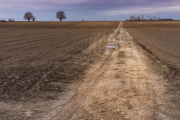 Panorama of arable land under amazing clouds