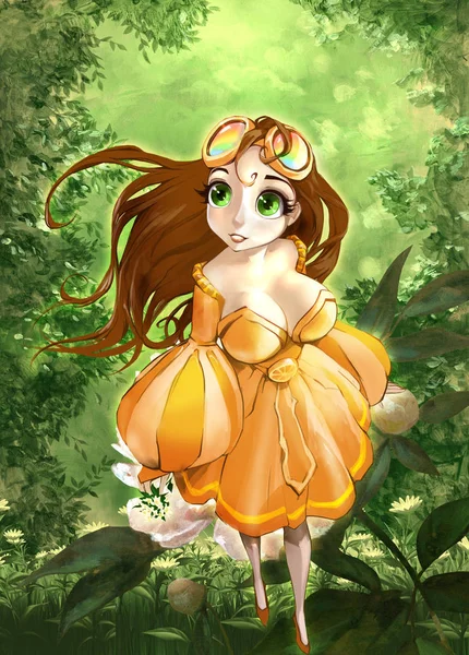 Cute attractive anime cartoon female character with long dark hair wearing lovely fancy orange dress