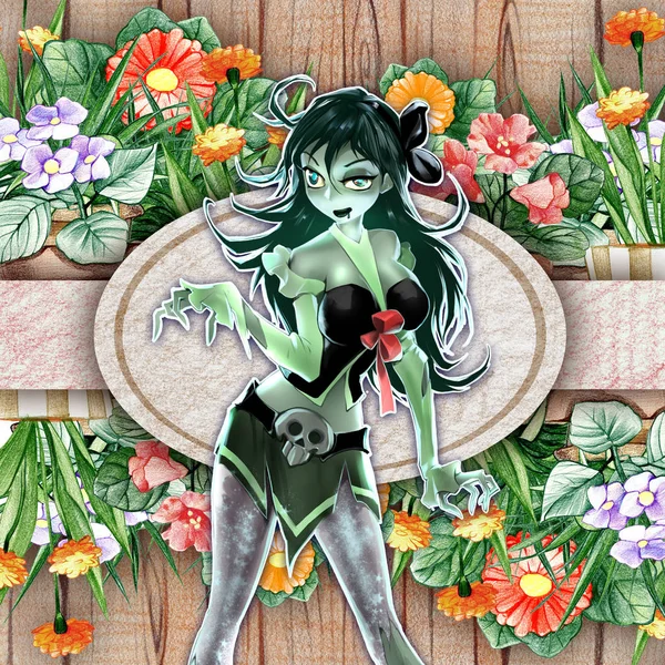 Digital raster illustration of a cartoon anime of a beautiful elegant zombie girl wearing eccentric fashionable outfit on a colorful background