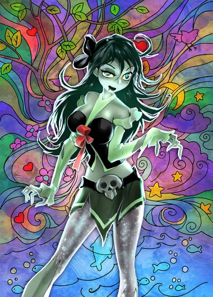 Digital raster illustration of a cartoon anime of a beautiful elegant zombie girl wearing eccentric fashionable outfit on a colorful background