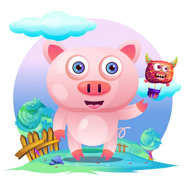 Greeting card Cute Cartoon pig - vector — 스톡 벡터