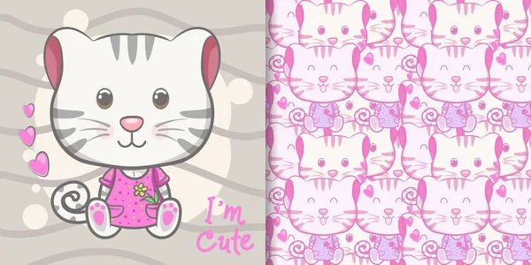 Mignon bébé chaton carte de vœux avec motif ensemble — Image vectorielle