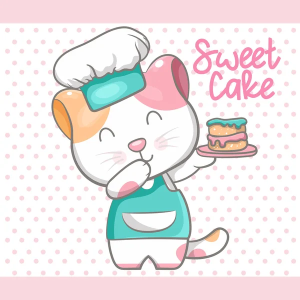 Cute cat with sweet cake illustration for kids – Stock-vektor