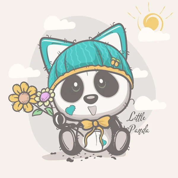 Mignon panda avec des fleurs — Image vectorielle