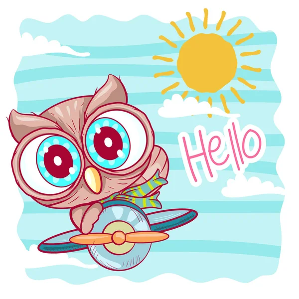 Lindo búho de dibujos animados está volando en un avión. Se puede utilizar para el diseño de camisetas para niños / bebés, diseño de impresión de moda, camiseta, ropa para niños, diseño textil, tarjeta de celebración / tarjeta de felicitación, tarjeta de invitación - Vector — Archivo Imágenes Vectoriales