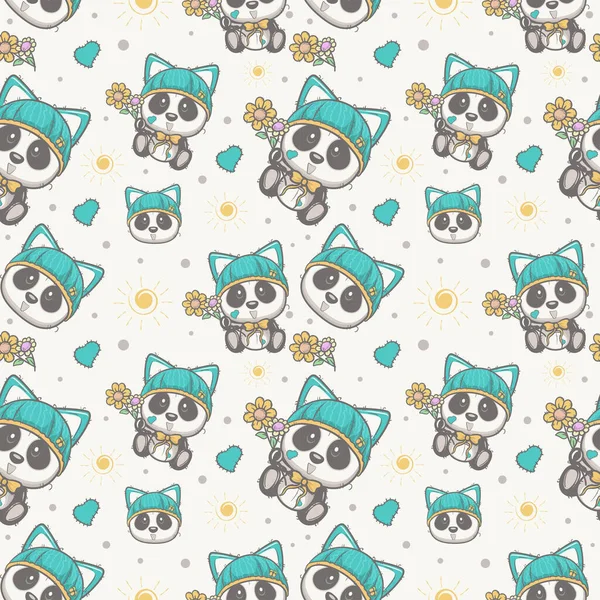 Bonito bebê panda cartoon sem costura padrão — Vetor de Stock