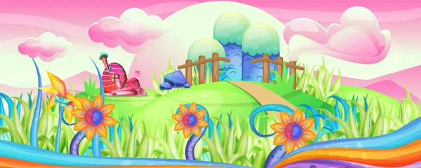 Mushroom houses in the garden illustration - Vector — 스톡 벡터