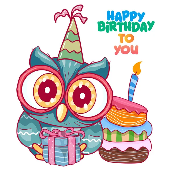 Cartão de aniversário com coruja bonito - Ilustração — Vetor de Stock