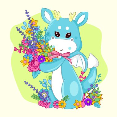 Sevimli ejderha ve çiçekler çizilmiş.