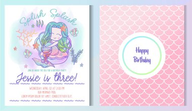 Kids birthday party front and back invitation card with cute little mermaid and marine life