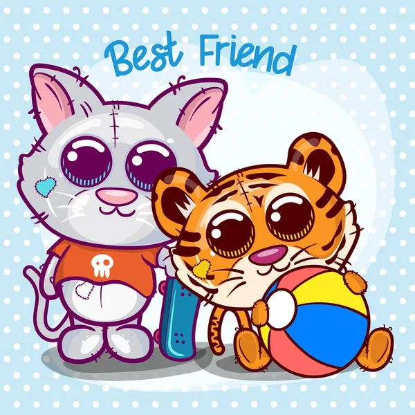 Baby Shower cartão de saudação com tigre bonito e desenho animado do gato - Vector — Vetor de Stock