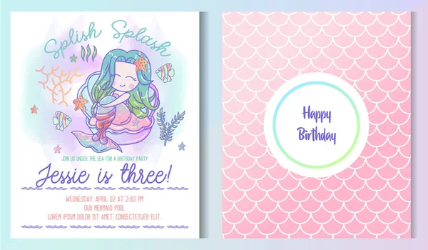 Kids birthday party front and back invitation card with cute little mermaid and marine life — Stok Vektör