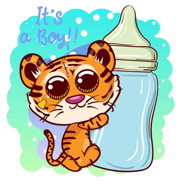 Baby Shower powitanie karty z cute Cartoon chłopiec Tygrys-wektor — Wektor stockowy