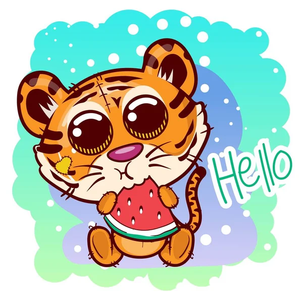 Χαριτωμένο τίγρη κινουμένων σχεδίων με γλυκό καρπούζι. διάνυσμα — Διανυσματικό Αρχείο
