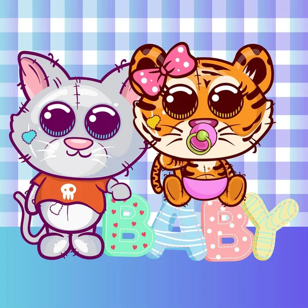 Baby Douche wenskaart met leuke tijger en kat cartoon - Vector — Stockvector