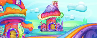 Bahçe illüstrasyonunda mantar evleri - Vektör