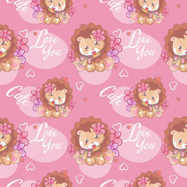 Çiçek ve desenli mutlu bir aslan çizmiş.