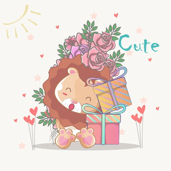 Disegnato a mano felice leone carino con fiori per bambini — Vettoriale Stock
