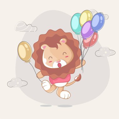 Çocuklar için balonlu mutlu bir aslan çizdim.