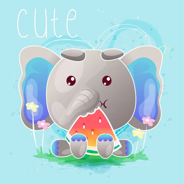 Cute baby elephant eating watermelon cartoon. — Stock Vector