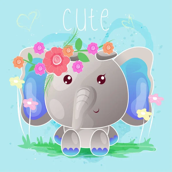 青い背景を持つかわいい赤ちゃん象と花.ベクトル — ストックベクタ
