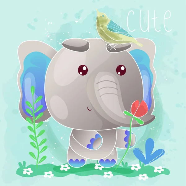 Cute baby elephant with flowers and birds. vector — Stock Vector