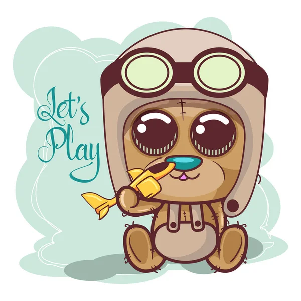 Tarjeta de felicitación lindo oso de dibujos animados con un avión - Vector — Vector de stock