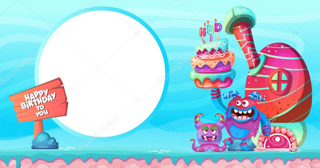 Birthday invitation card with cute monster - Vector