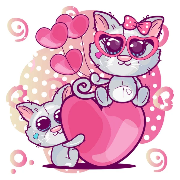 Greeting card Kittens boy and girl on a heart background - Vector — Stock Vector