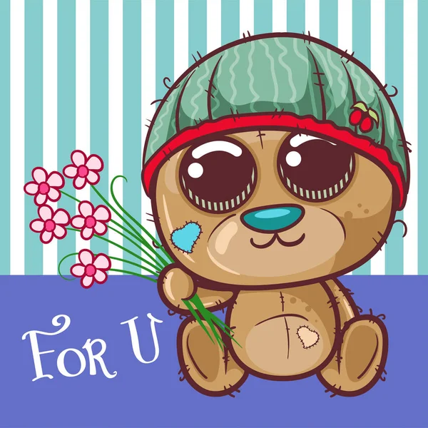 Ευχετήρια κάρτα Χαριτωμένο Cartoon αρκούδα με λουλούδια - Vector — Διανυσματικό Αρχείο