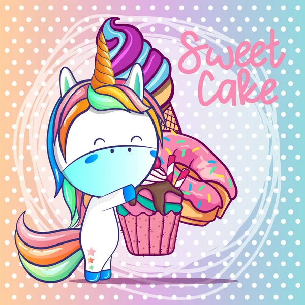 Unicorn lucu dengan kartun kue manis - Stok Vektor