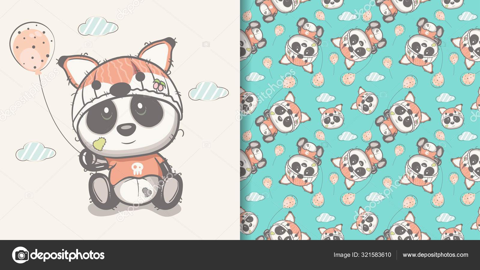 Hand drawn cute panda with seamless pattern set Stock Vector Image by  ©maniacvector #321583610