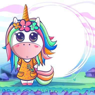 sevimli tek boynuzlu at, bebek duş kartı vektör illüstrasyon