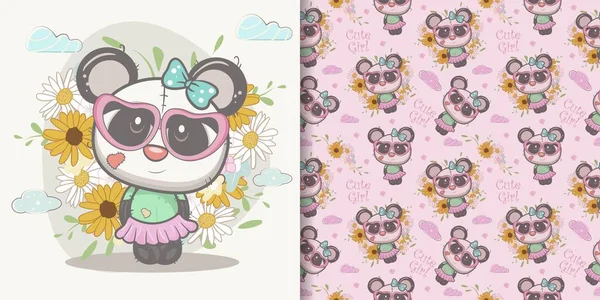 Mignon dessin animé fille panda avec motif sans couture — Image vectorielle