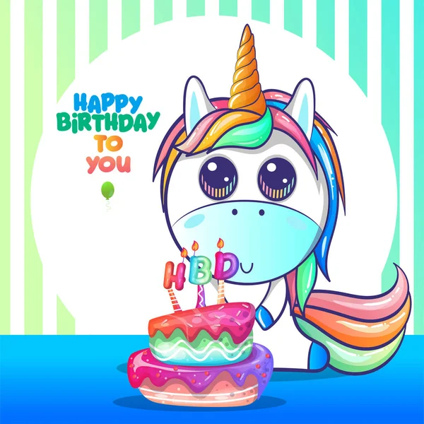 Tarjeta de cumpleaños con unicornio lindo — Archivo Imágenes Vectoriales