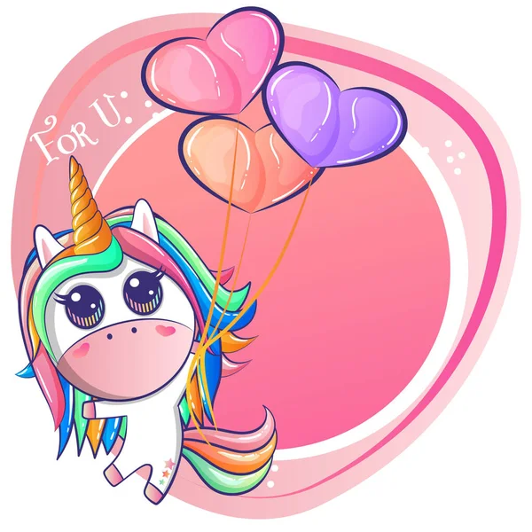 Mignon licorne avec coeur ballons — Image vectorielle